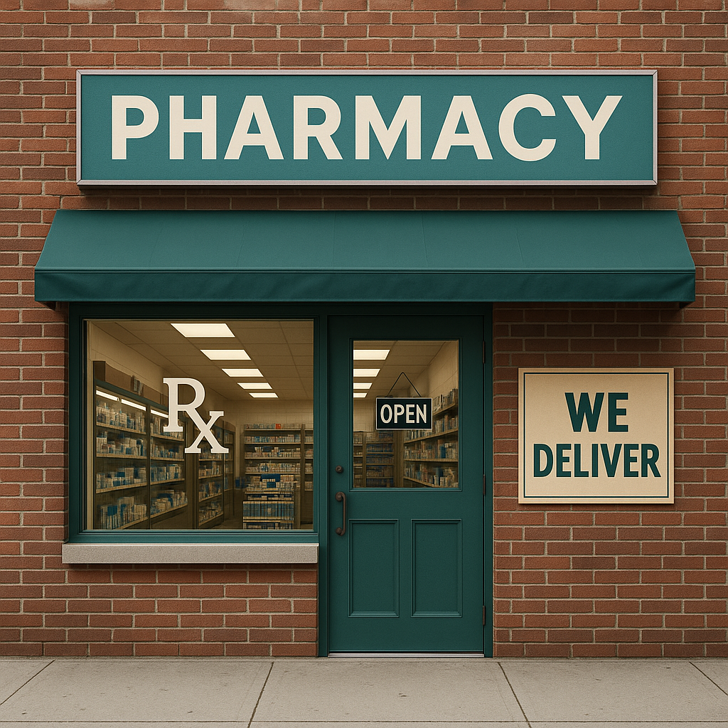 Image of an Independent Pharmacy with sign that says We Deliver-1