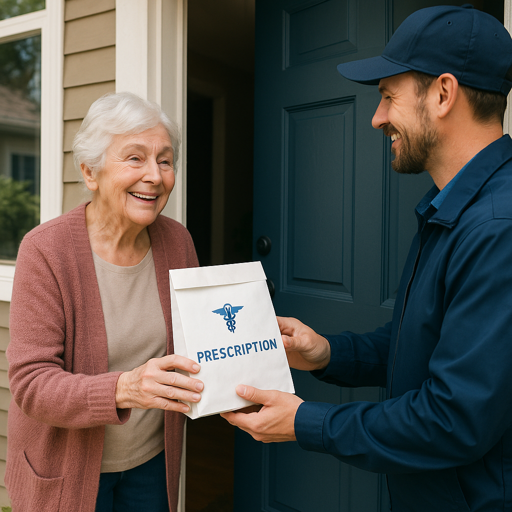 Please create an exterior view of a home with an Elderly patient receiving prescription delivery at home please have the delivery driver appear kind and polite and our elderly patient appear relieved that they have this service Please do NOT have an-1